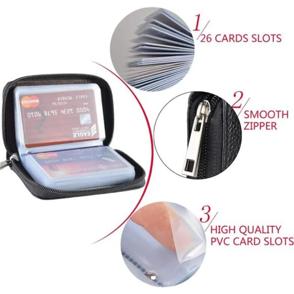 Leather RFID Credit Card Holder Wallet with Zipper and 26 Card Slots Small